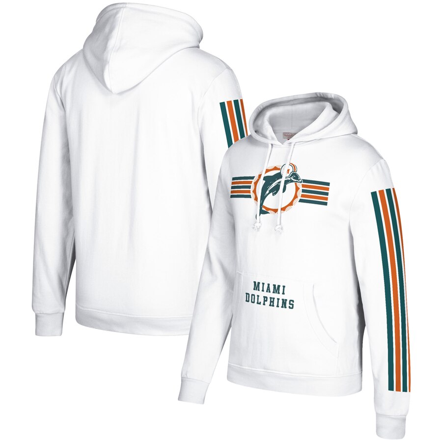 Men's Miami DolphinsMiami Dolphins 2019 White Mitchell & Ness Three Stripe Pullover Hoodie